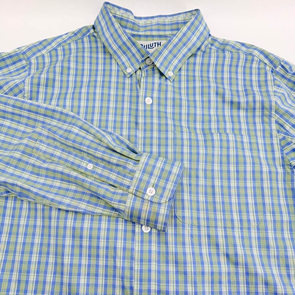 Duluth Trading Co Button Down Shirt Mens Large Slim Fit Plaid  Blue Green